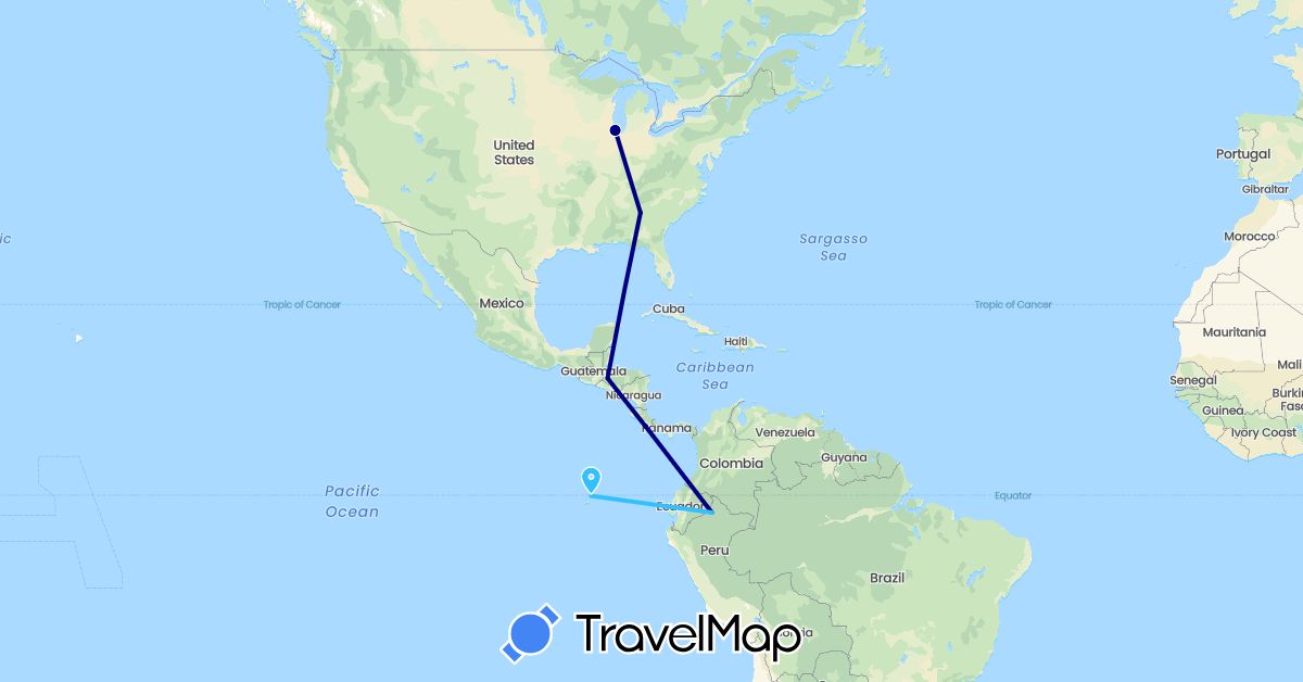 TravelMap itinerary: driving, boat in Ecuador, Honduras, United States (North America, South America)